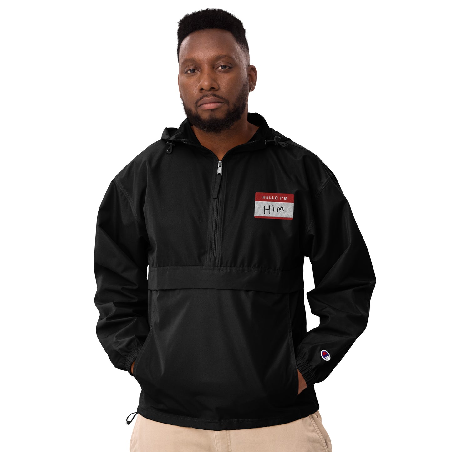 Hello, I'm Him Name tag - Champion Packable Jacket - www.SportsTakeoff.com