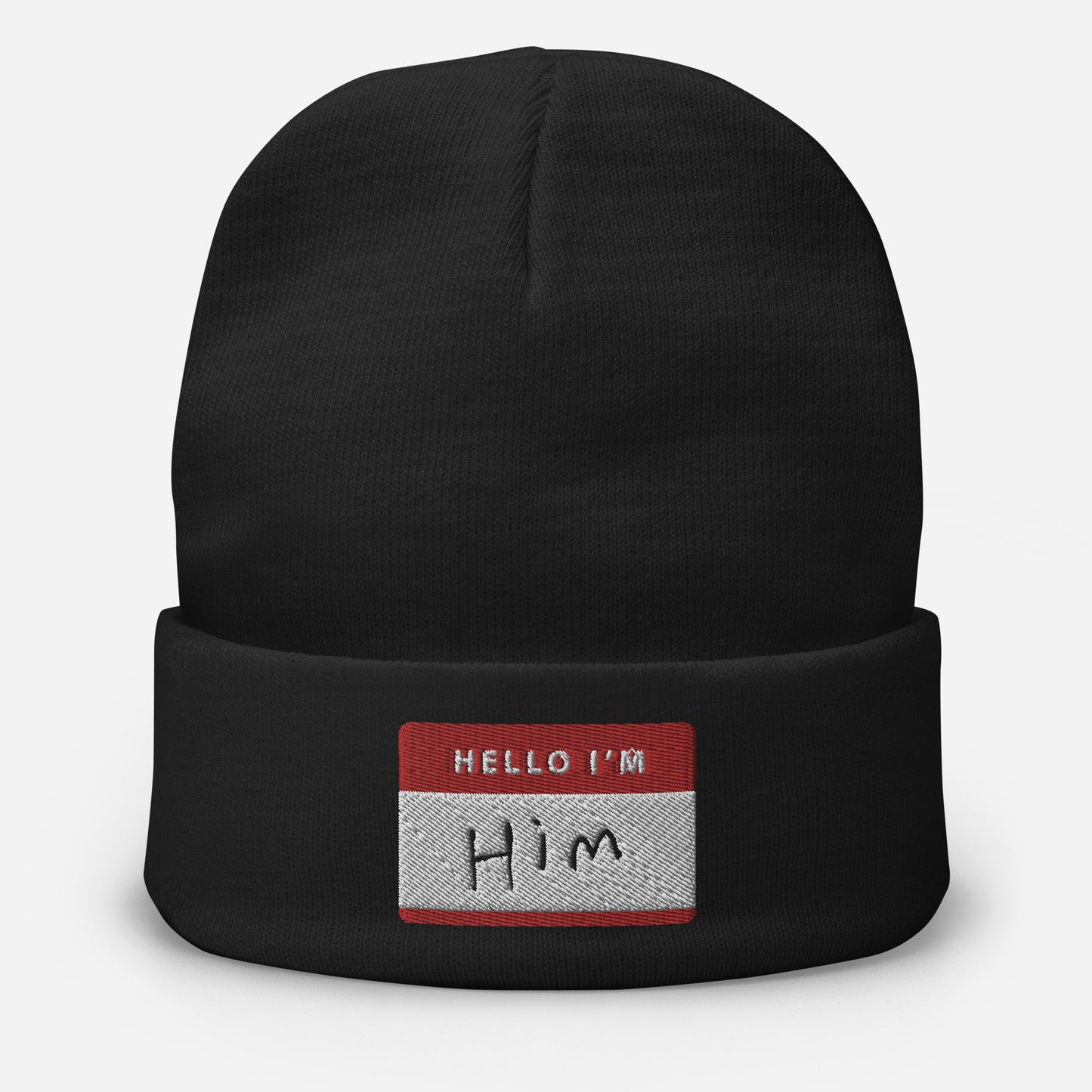 Hello, I'm Him Name Tag Beanie - www.SportsTakeoff.com