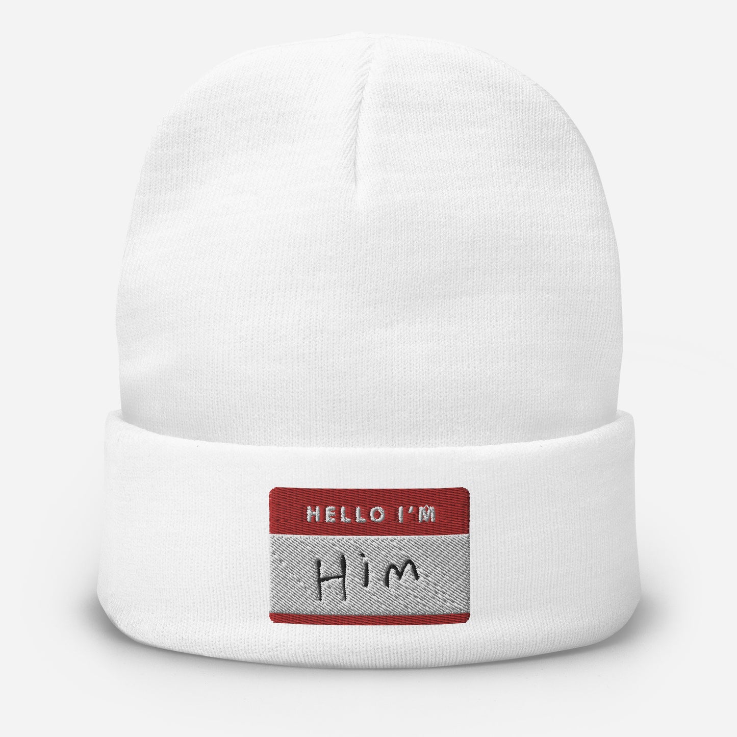 Hello, I'm Him Name Tag Beanie - www.SportsTakeoff.com