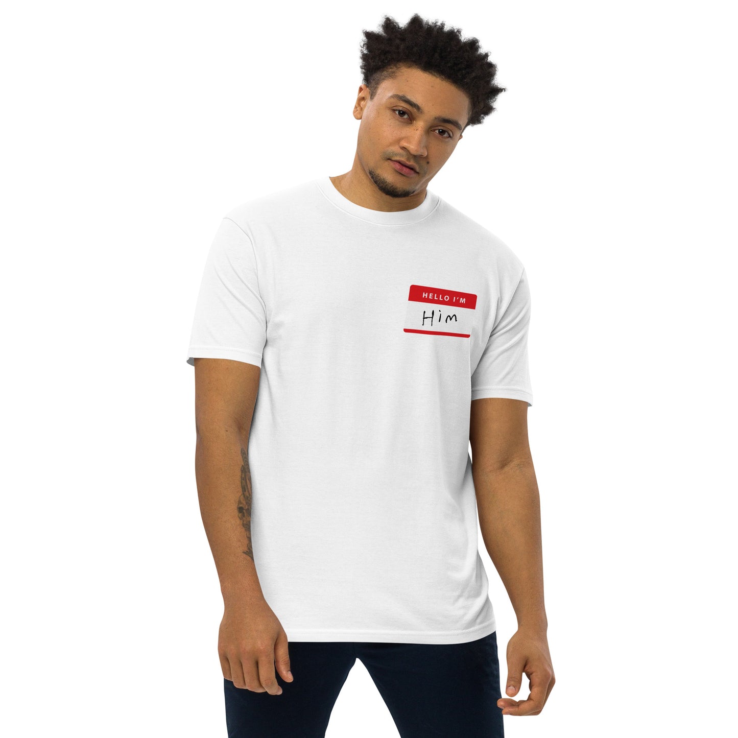 Hello, I'm Him - Name Tag Men’s Premium heavyweight tee - www.SportsTakeoff.com